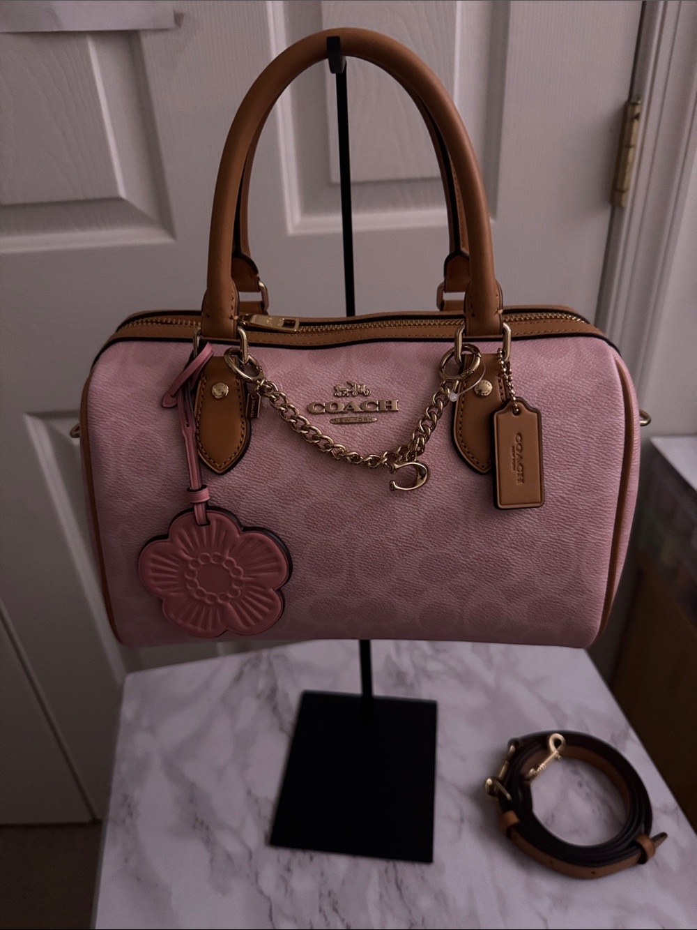 Coach Pink Leather Satchel with Tan Trim and Gold Hardware